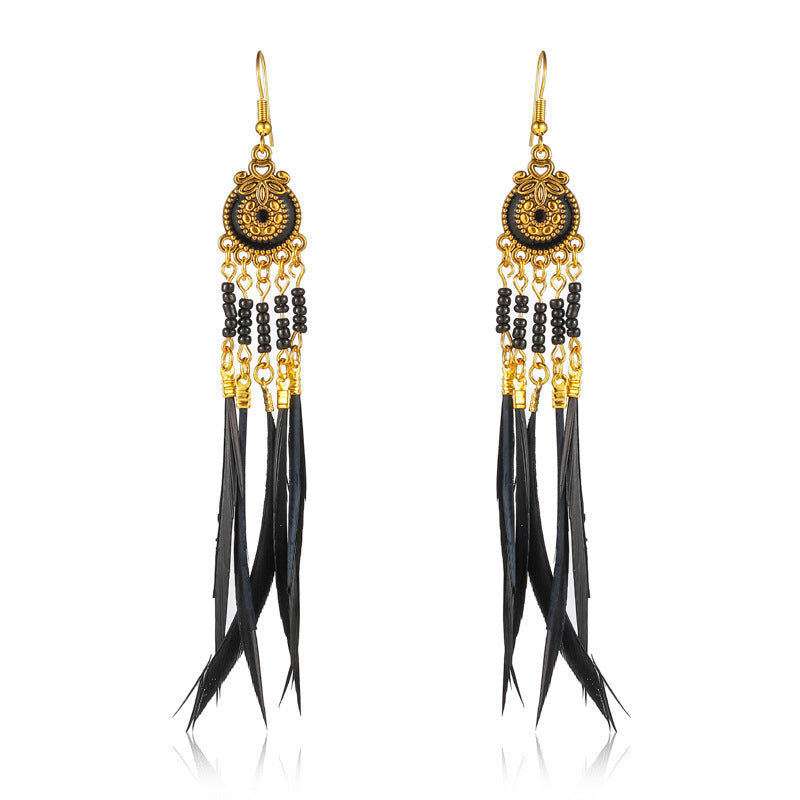 Women's Oil Dripping Round Small Colorful Feather Slimming Long Tassel Yunnan Stud Earrings