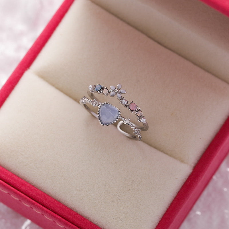 Women's High-grade Sweet Love Heart Flowers Open Rings