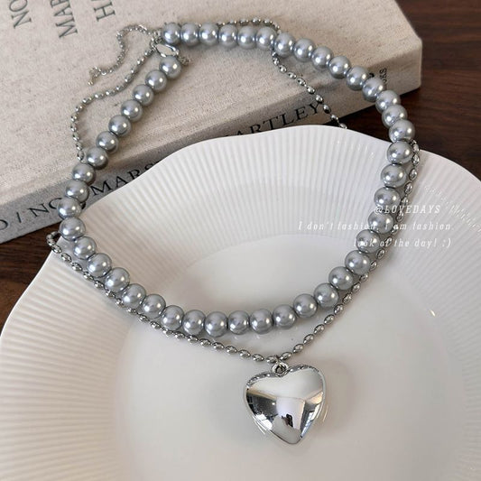 Women's Korean Style Sier Love Pearl Light Luxury Necklaces