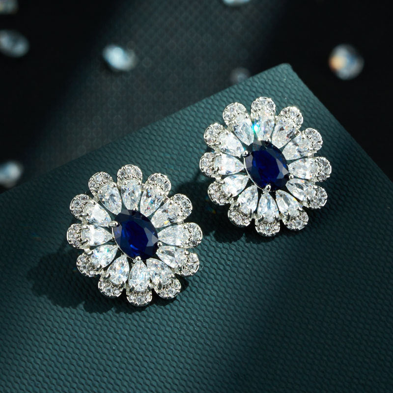 Flower Ear Copper Alloy Micro Inlaid Zircon Blue Pointed Sier Rings