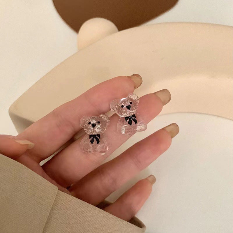 Sier Needle Korean Flocking Cute Bear Ear Stud Earrings