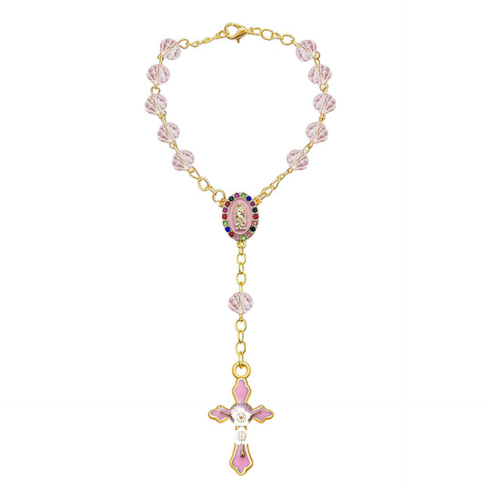 Women's & Men's Pink Crystal Diamond Triangle Cross Baptism Bracelet