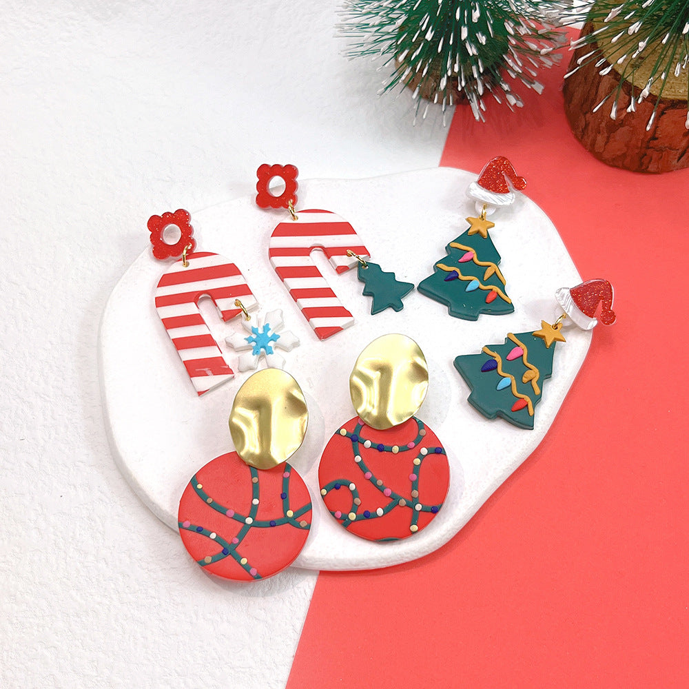 Christmas Jewelry Plaid Geometric Snowman Ear Earrings