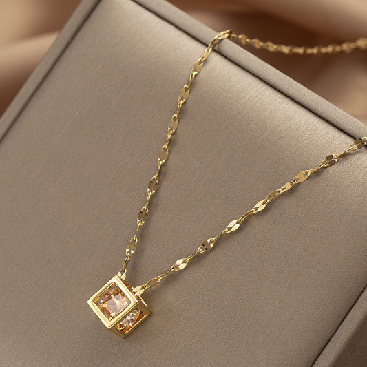 Copper Geometric Hollow Square Zircon Rose Gold Cold Necklaces