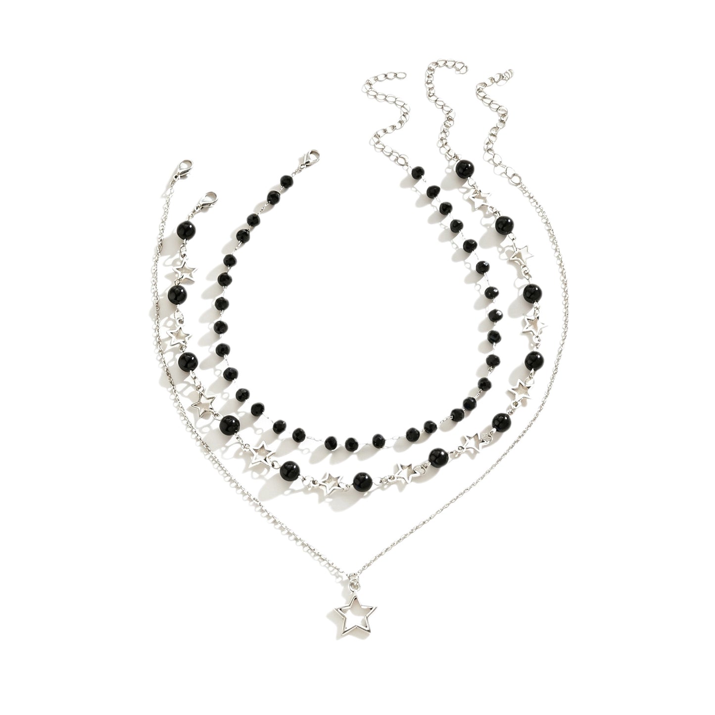 Sweet Cool Style Hollow Pentagram Twin Black Beaded High-grade Necklace