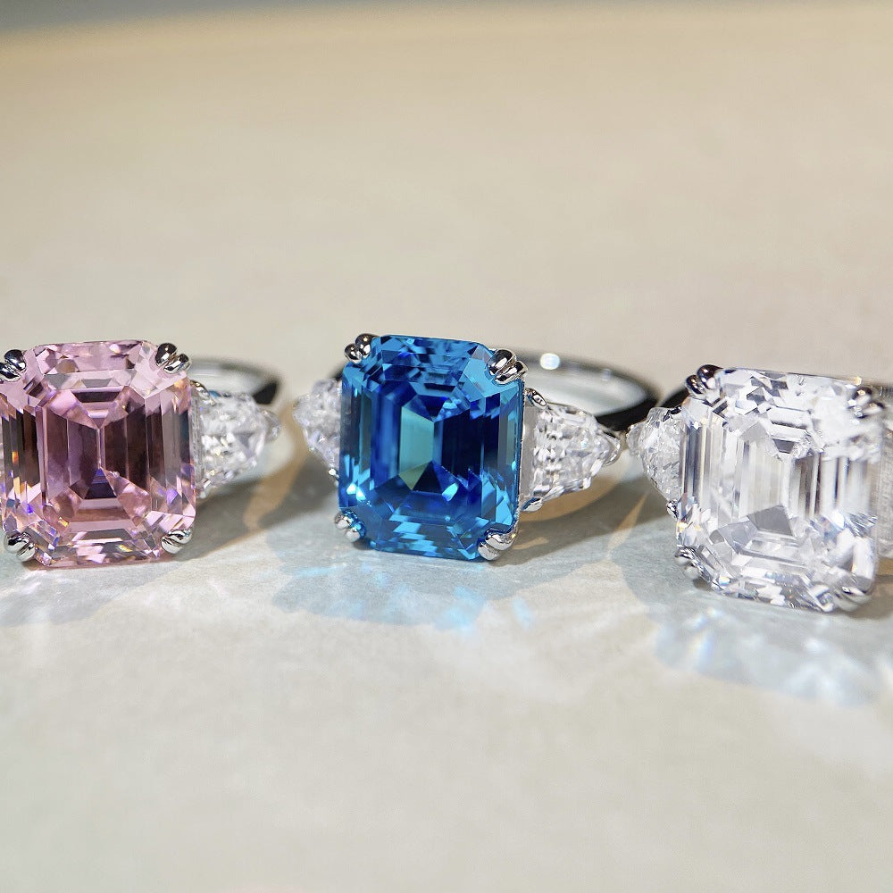 Women's Pink Zircon High Carbon Diamond Emerald Cut Rings