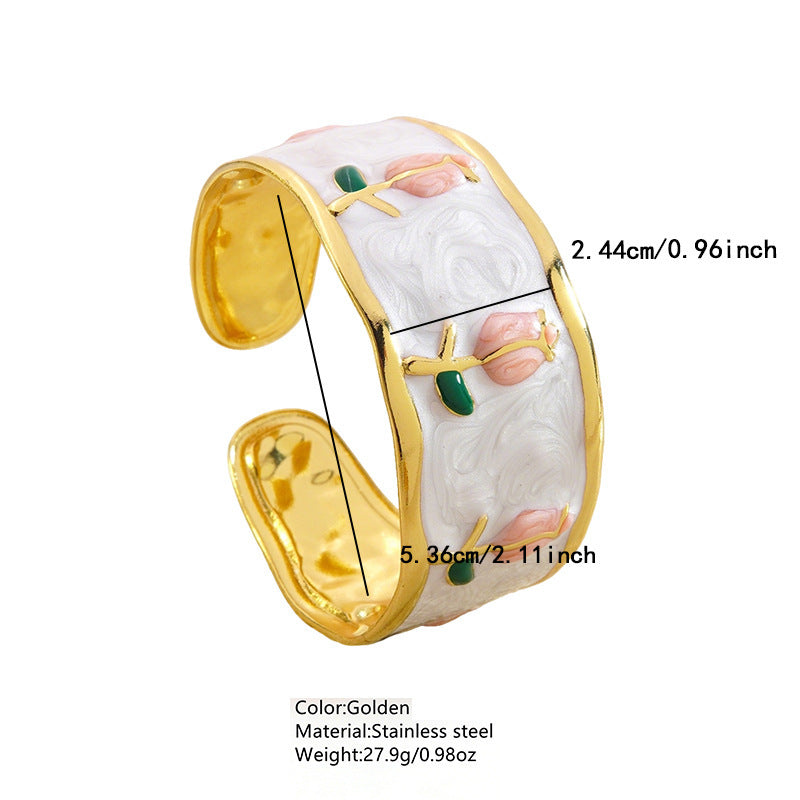Steel Oil Dripping Cherry Special Interest Light Luxury Flowers Openings Bracelet