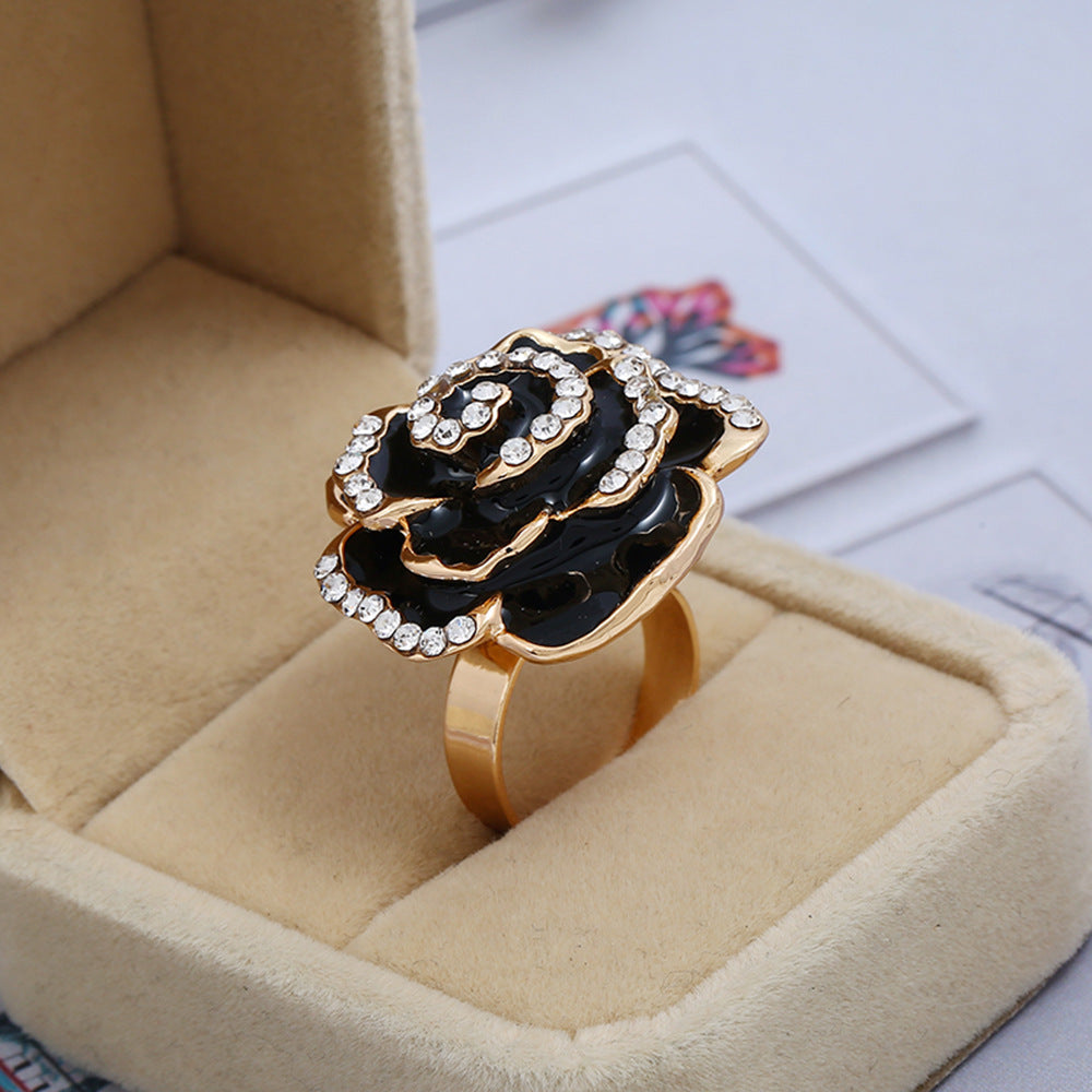 Women's Creative Adjustable Alloy Flower Drop Oil Diamond Rose Ring
