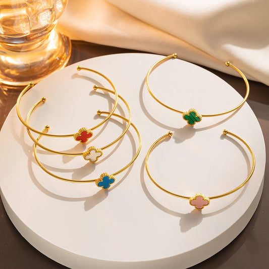 Four-leaf Clover Titanium Steel Stainless Open-ended Bracelet