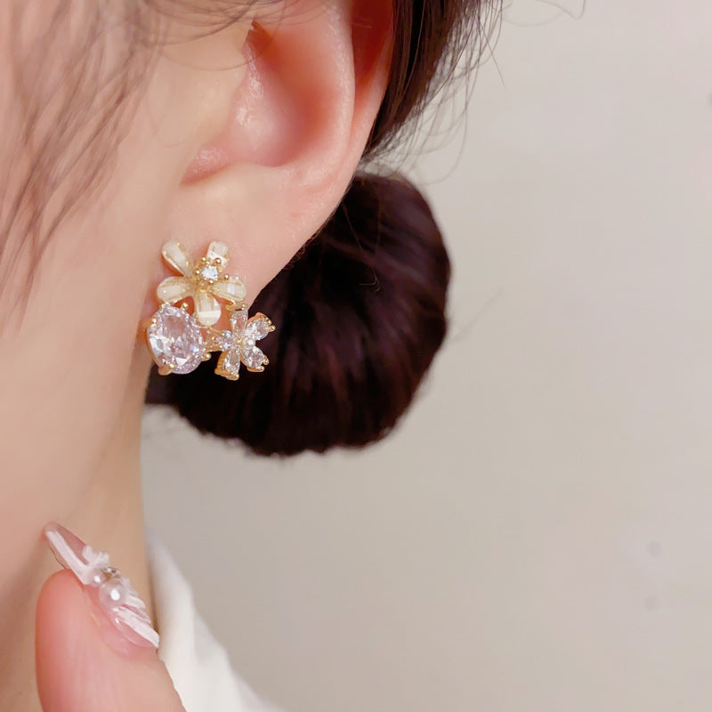 Simple Zircon Petals Oval Exquisite Light Luxury Small Versatile High Earrings