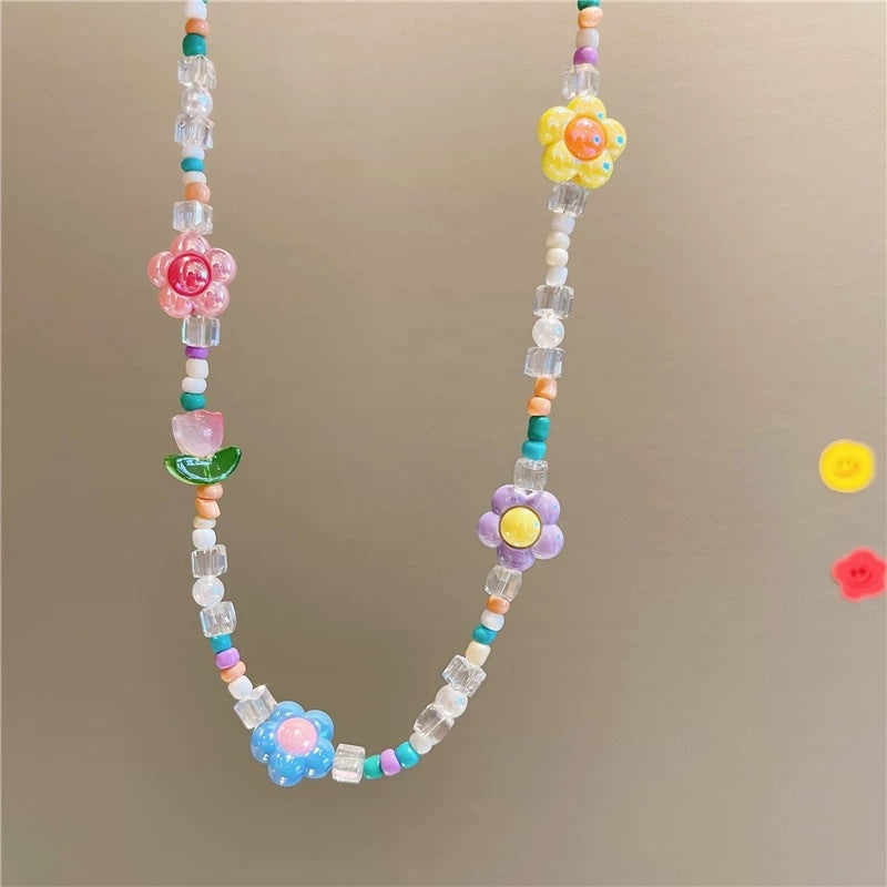 Children's Tulip Color Flower Crystal Beaded Clavicle Necklaces