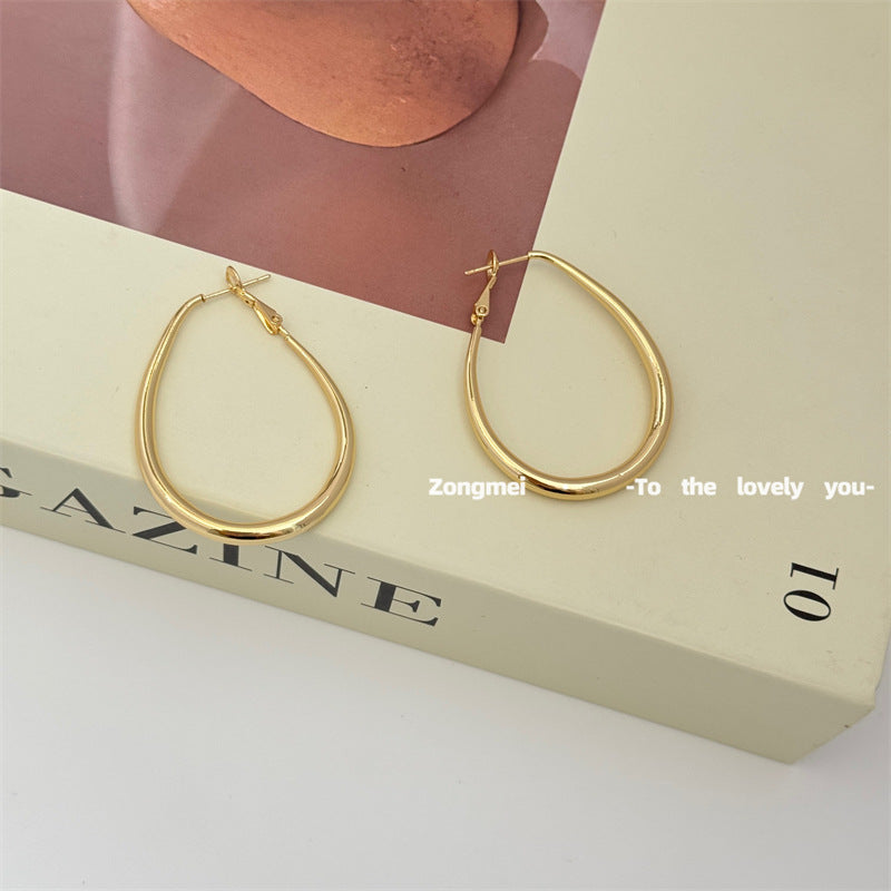 Classic Water Drop Oval Simple Metal Geometric Sier Pin Earrings