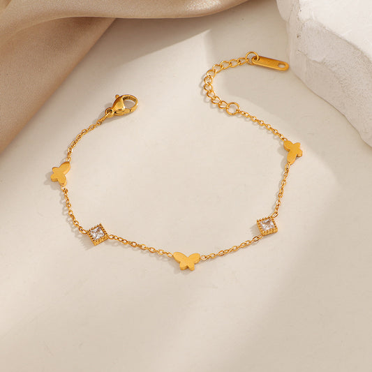Exquisite Thin Rhombus Rhinestone Butterfly Titanium Steel Bracelet