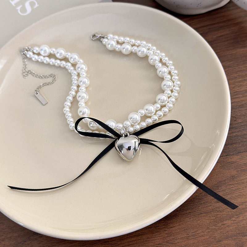 Luxury Minority Pearl Metal Heart Bowknot Ribbon Necklaces