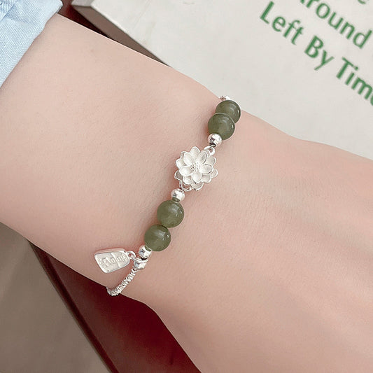 Women's Sterling Sier Small Pieces Of Chinese Lotus Jade Niche Beaded Bracelets
