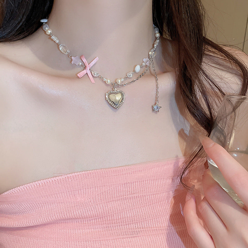 Heart Bow Pearl Korean Artsy Temperament Necklaces