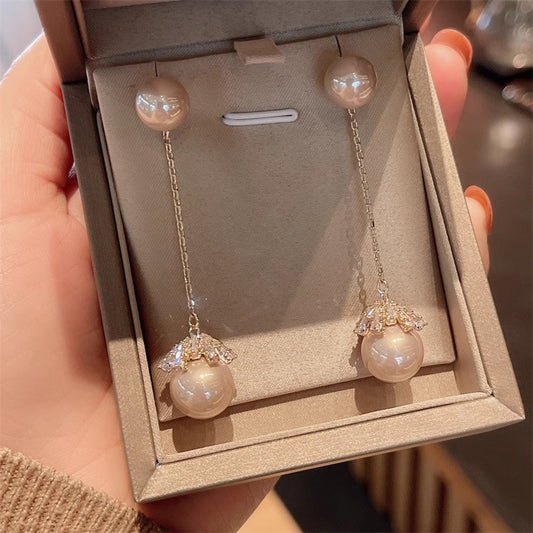 Pearl Long Sterling Sier Needle Advanced Sense Champagne Pink Small Earrings