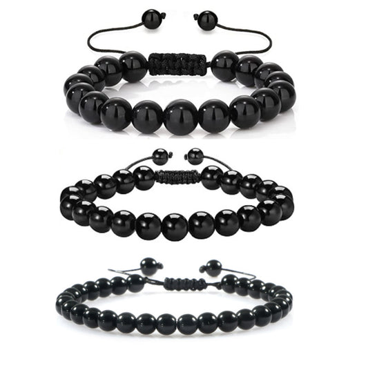 Men's Imitation Obsidian Black Agate Woven Bead Bracelets