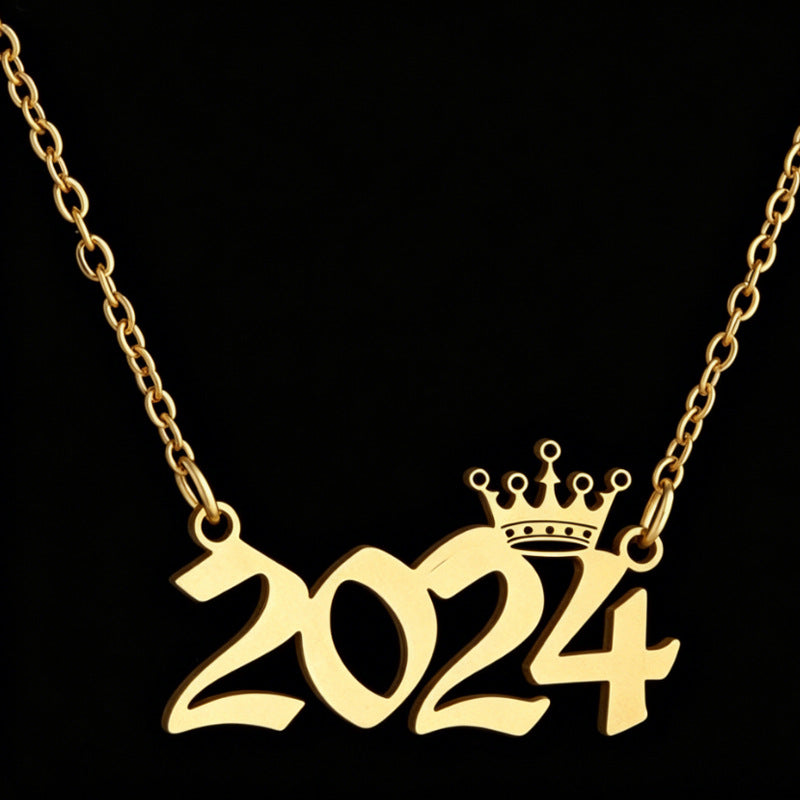 Women's Stainless Steel Light Luxury Crown Digital Metallic Necklaces