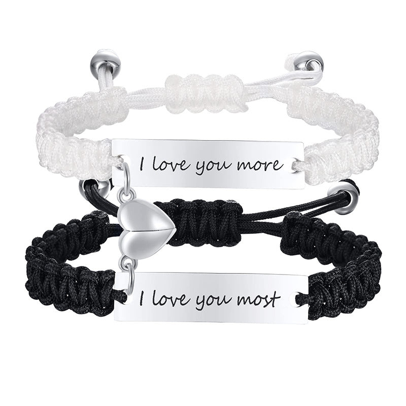 Black White Weaving Rope Woven Heart-shaped Magnetic Bracelets