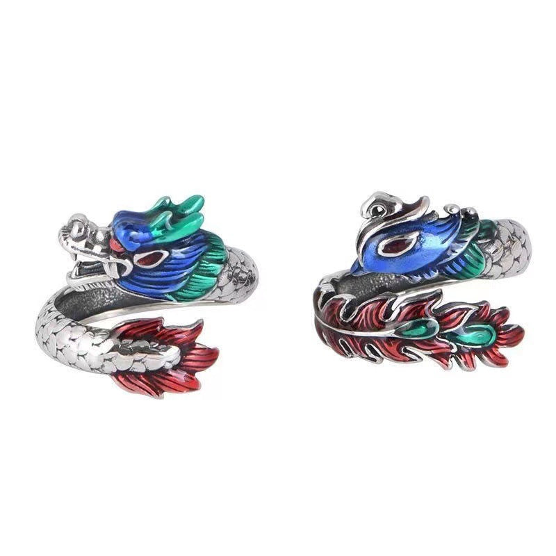 Zodiac Dragon Cloisonne Enamel Phoenix Couple Open Fashion Rings