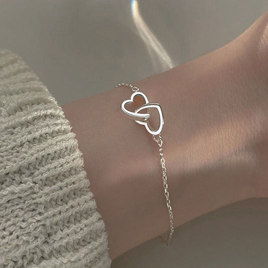 Women's Cool Style Simple Lightweight Thin Heart Korean Hollow Double Bracelets