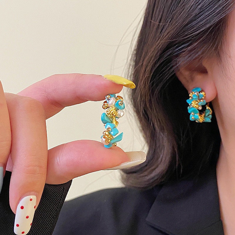 Freshwater Pearl Turquoise Bohemian Ethnic Style Ear Female Irregular Geometric Stud Earrings