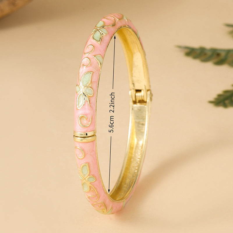 Sweet Cloisonne Spring Open-ended Vintage Round Clover Oil Dripping Bracelet
