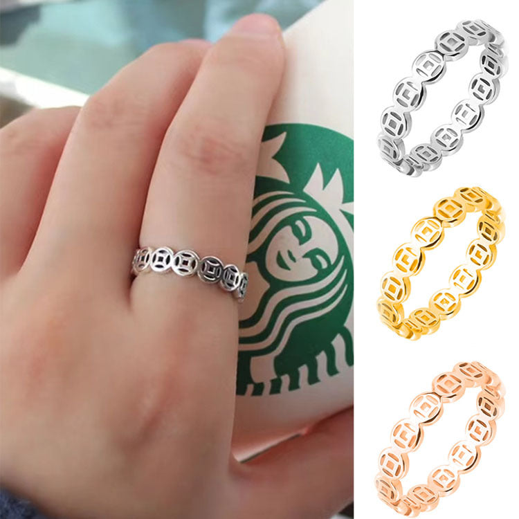 Women's & Men's Retro Titanium Steel Copper Coin Stainless Lucky Money Rings