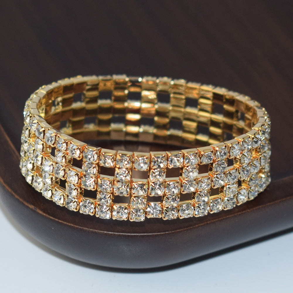 Elastic Hollow Rubber Band Full Rhinestone Exaggerated Wide Bangle Bracelets