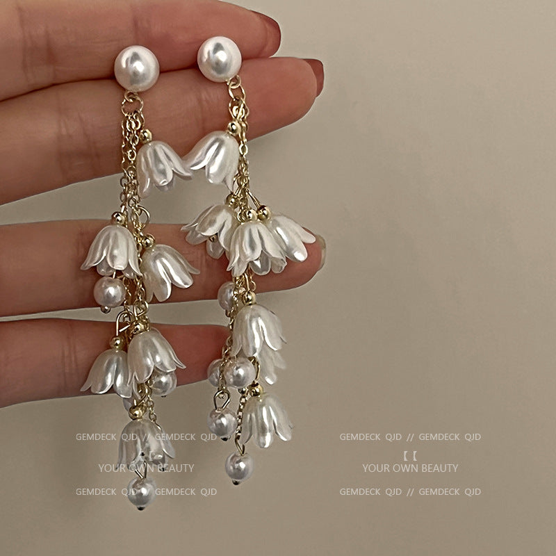 Style Long Fringed Pearl Sier Needle Earrings