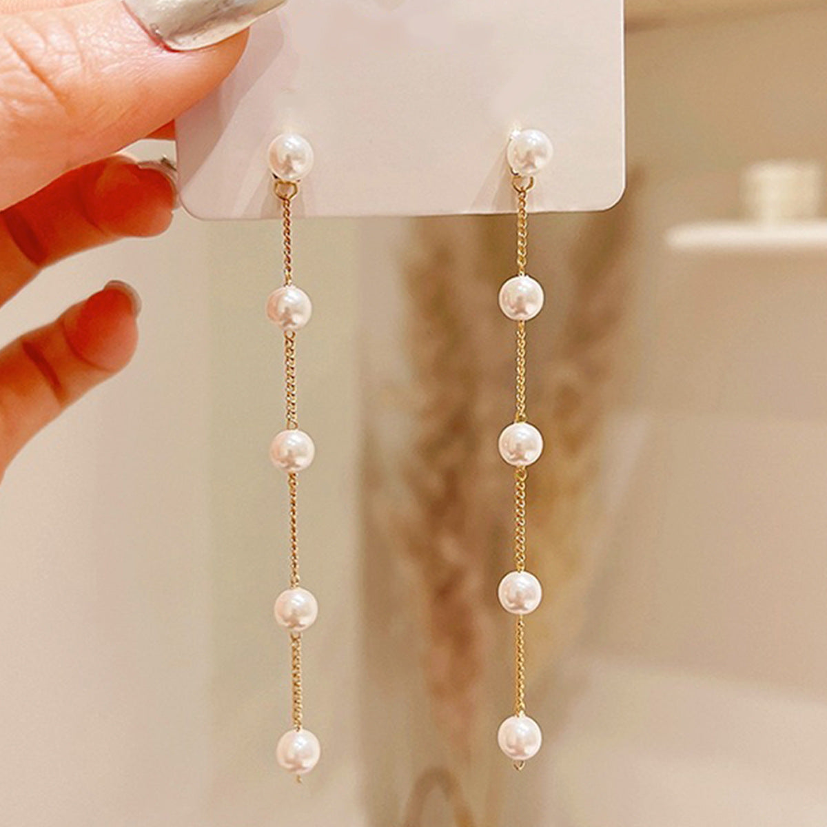 Needle Fashion Temperament Pearl Long Chain Earrings