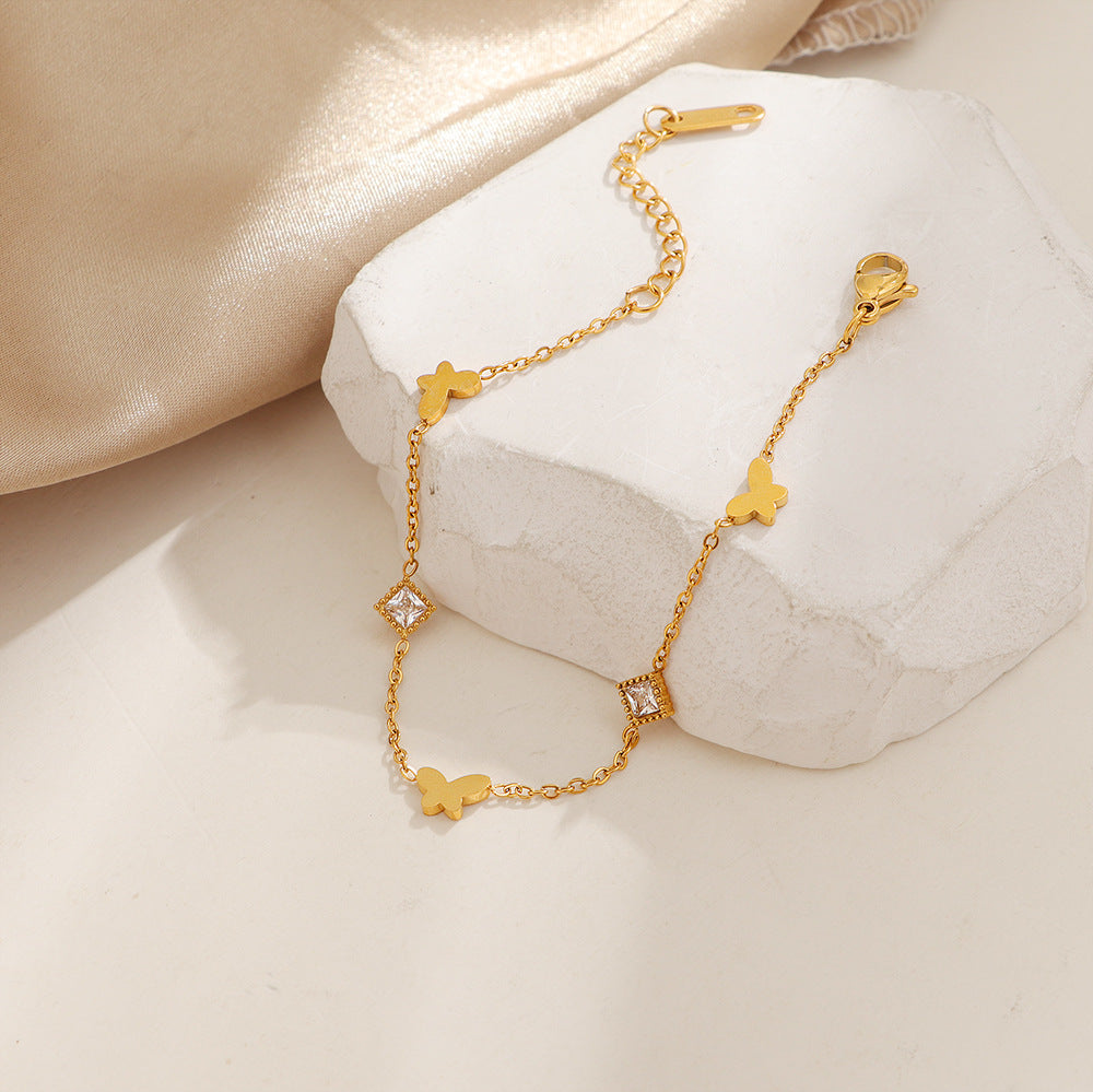 Exquisite Thin Rhombus Rhinestone Butterfly Titanium Steel Bracelet