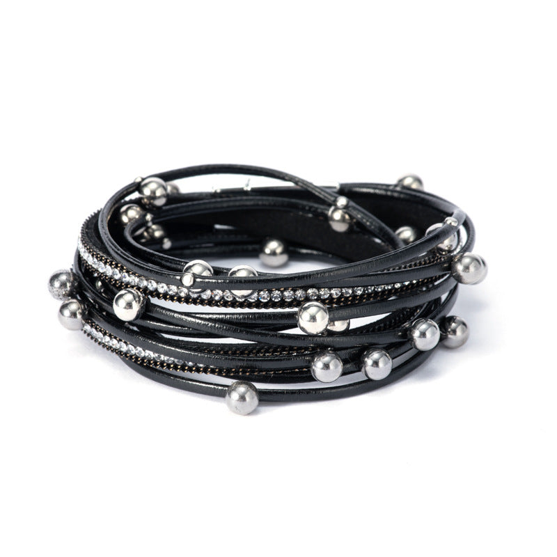 Women's Popular Two-circle Beaded Leather Fashion Magnetic Bracelets