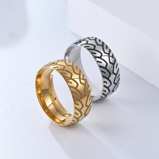 Men's Titanium Steel Corrosion Carved Tire Pattern Rings