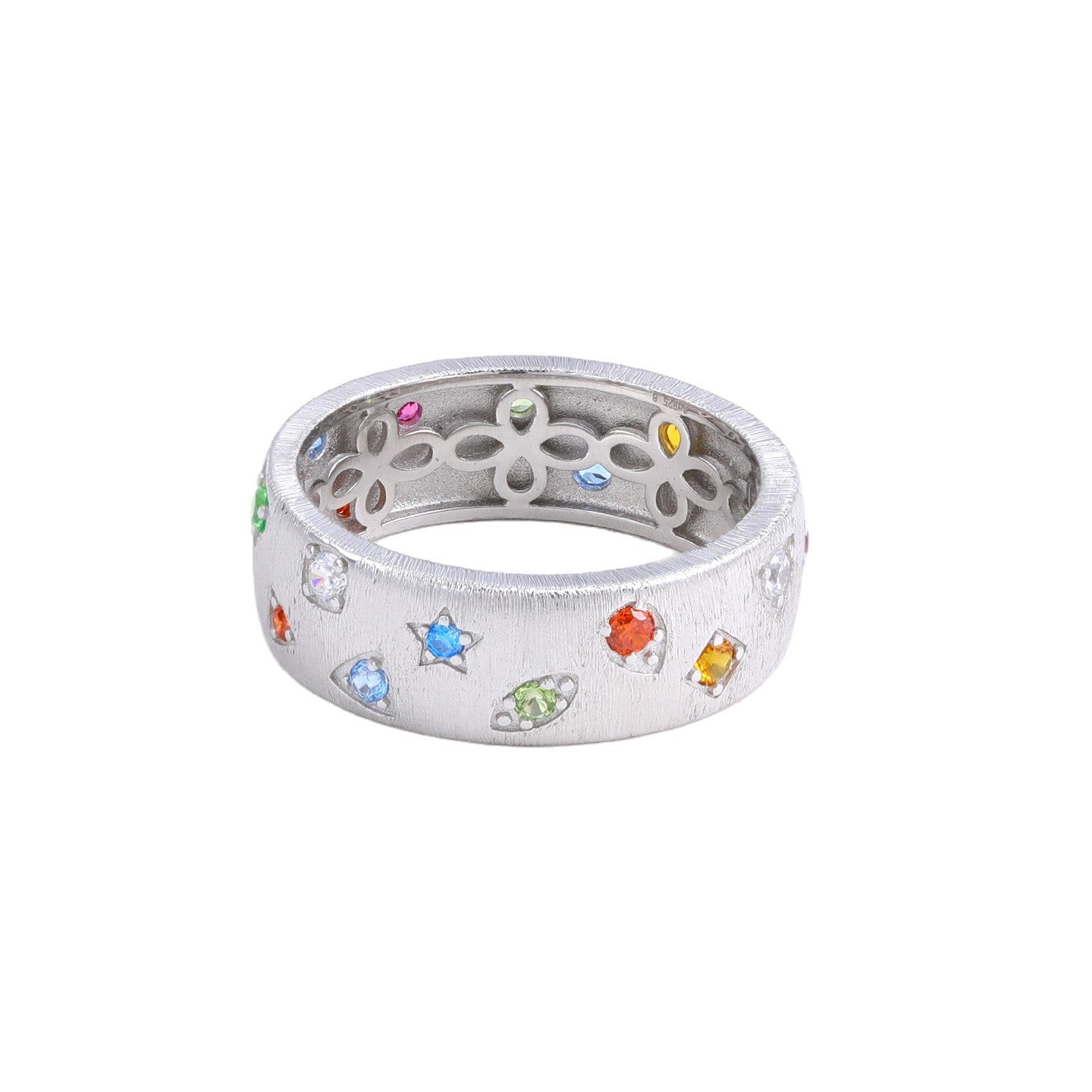 Women's Geometric Color Zircon Brushed Sterling Sier Rings