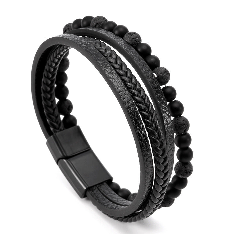 Men's Leather Woven Tigereye Magnet Beaded Titanium Bracelets