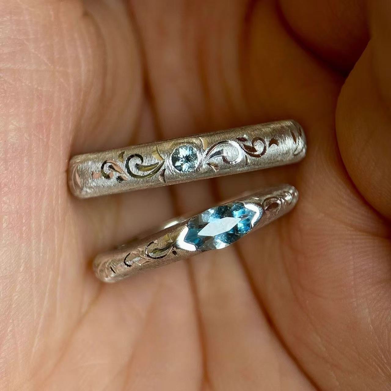 Horse Eye Blue Diamond Sier Couple Refined Rings