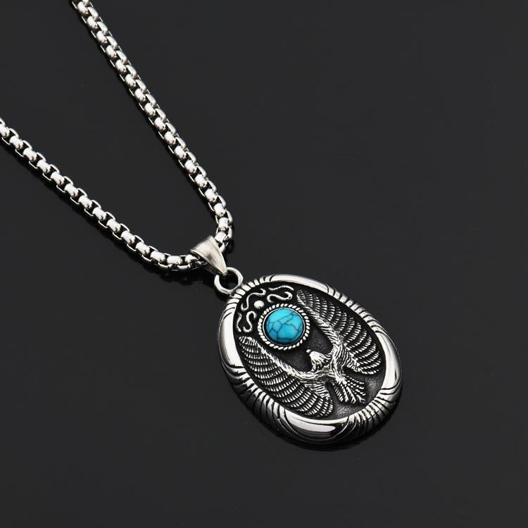 Women's & Men's Green Pine Flying Eagle Disc Hip Hop Titanium Steel Necklaces