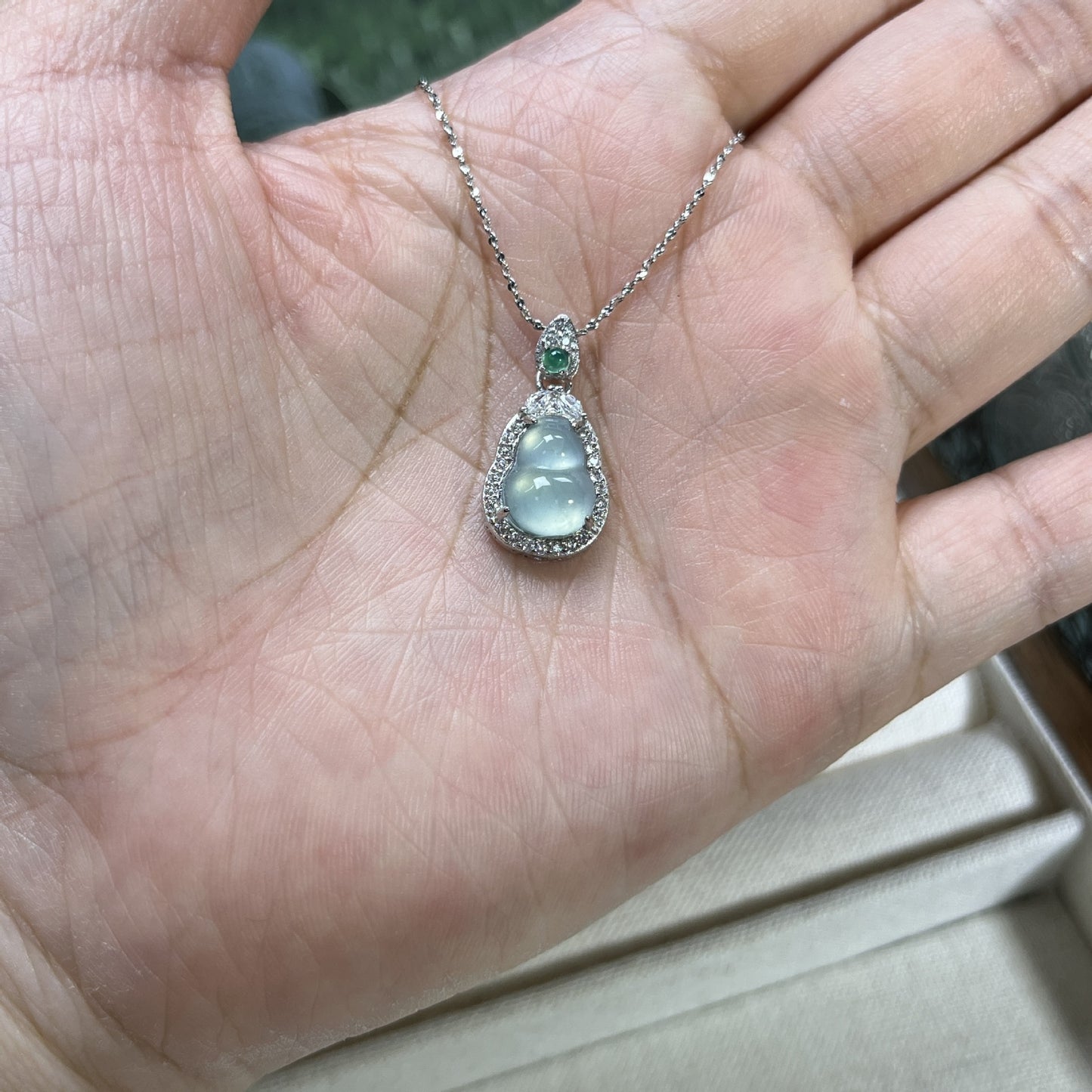 Natural Blue Water Jade Gourd Inlaid Sier White Gold Pendant