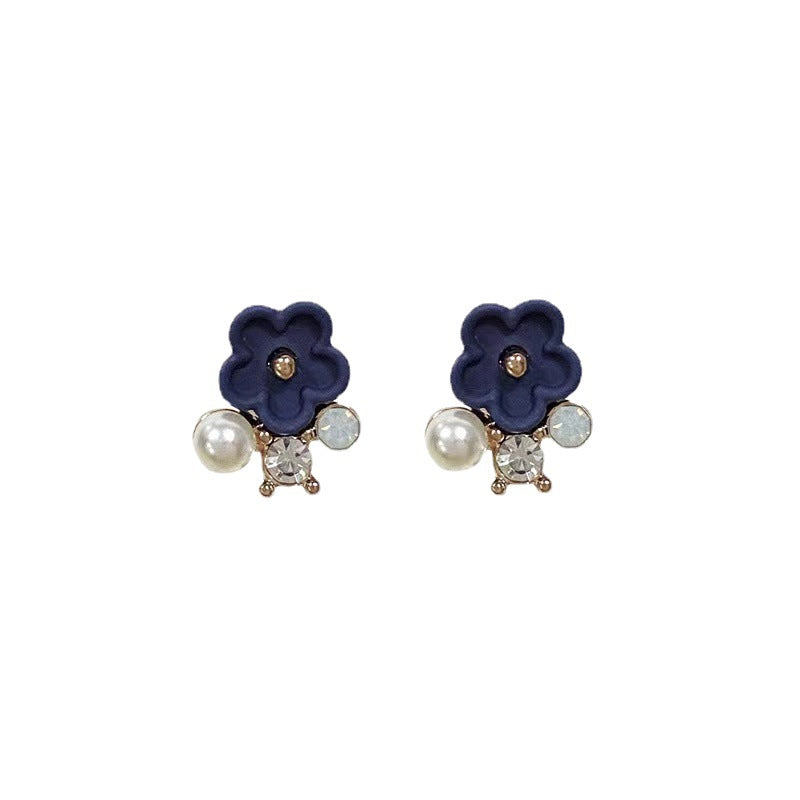 Women's Blue Small Flower Rhinestone Pearl Retro Earrings