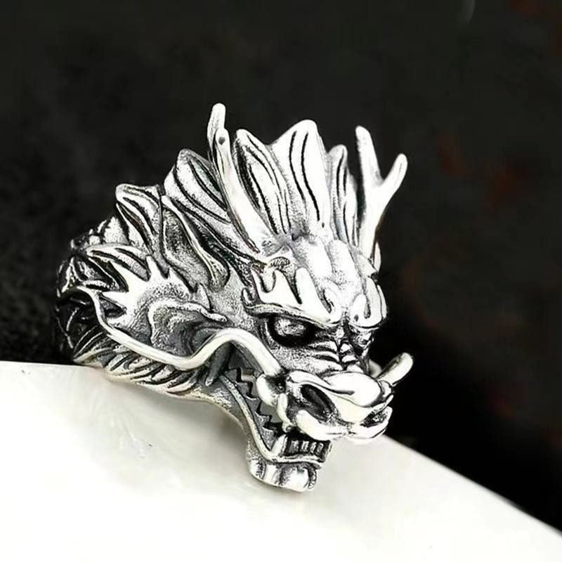 Men's Sier Blue Dragon Faucet Power Style Personalized Chinese Rings