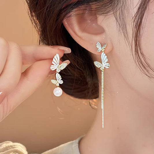 Asymmetric Butterfly Pearl Light Luxury High-grade Elegant Stud Earrings