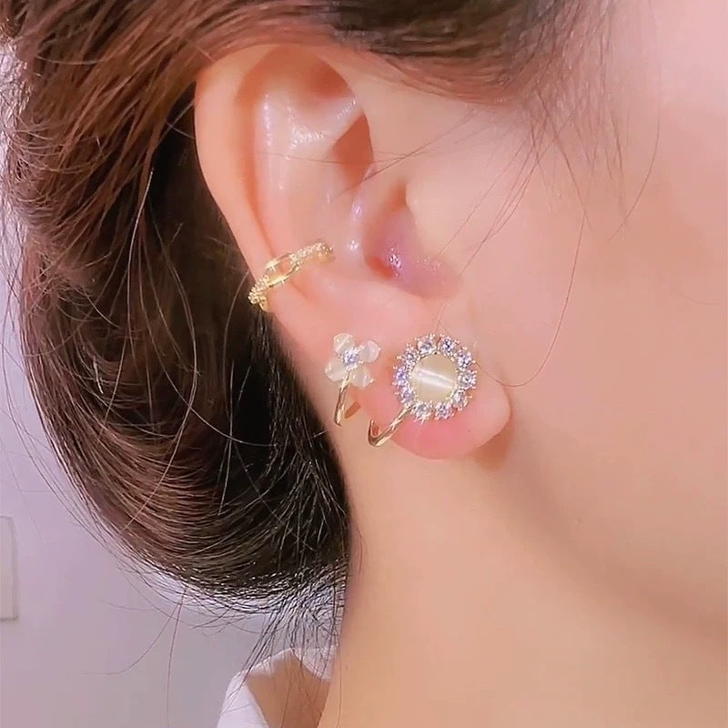 Opal Flower Sier Needle Sun Ear Stud Earrings