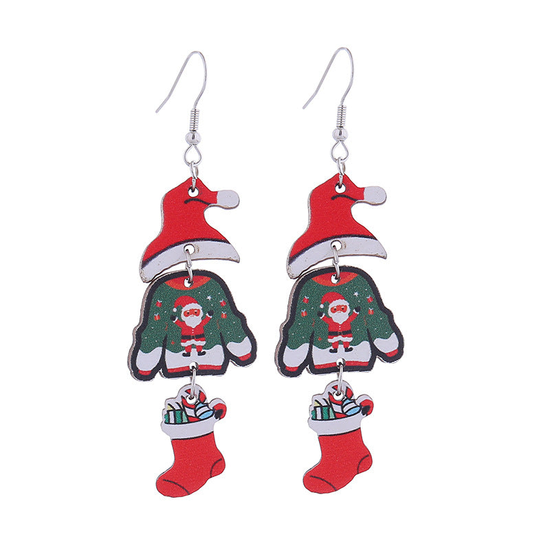 Christmas Tree Hat Bell Snowman Wooden Earrings