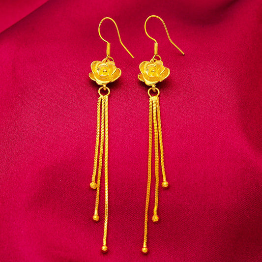 Women's Long Fringe Elegant Vietnam Placer Gold Earrings