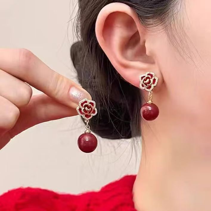 Women's Red Rose Sterling Sier Light Luxury Temperament Earrings