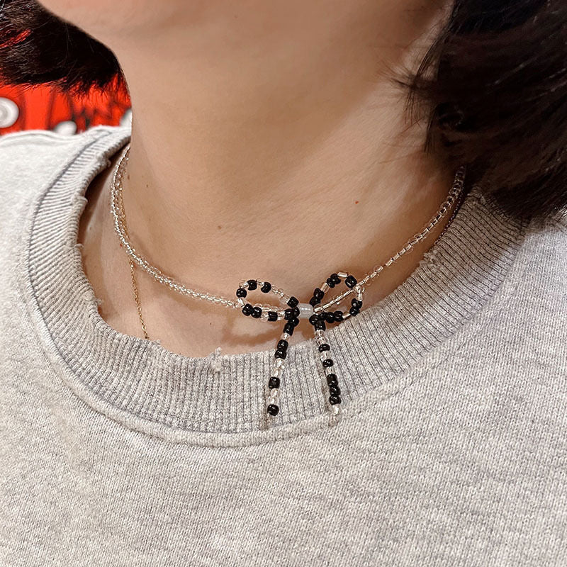 Women's Chain Bow Crystal String Beads Niche Necklaces