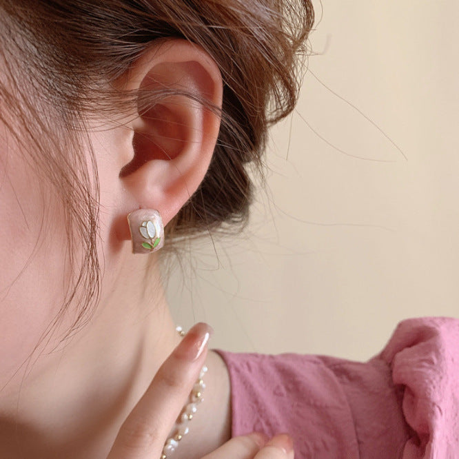 White Pink Tulip Flower Metal Dripping Earrings