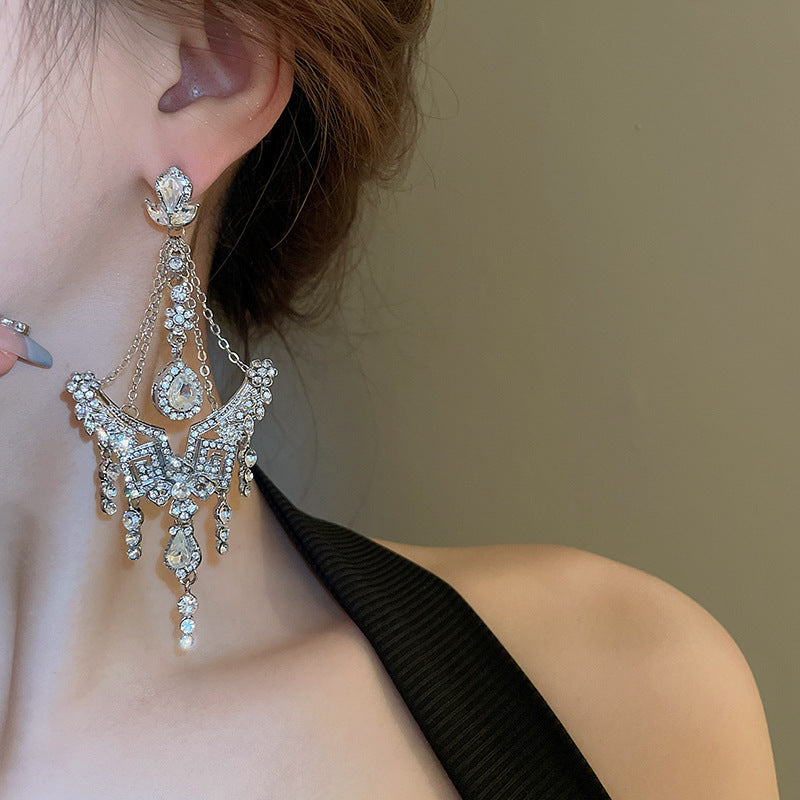 Needle Artificial Pearl Full Diamond Triangle Earrings